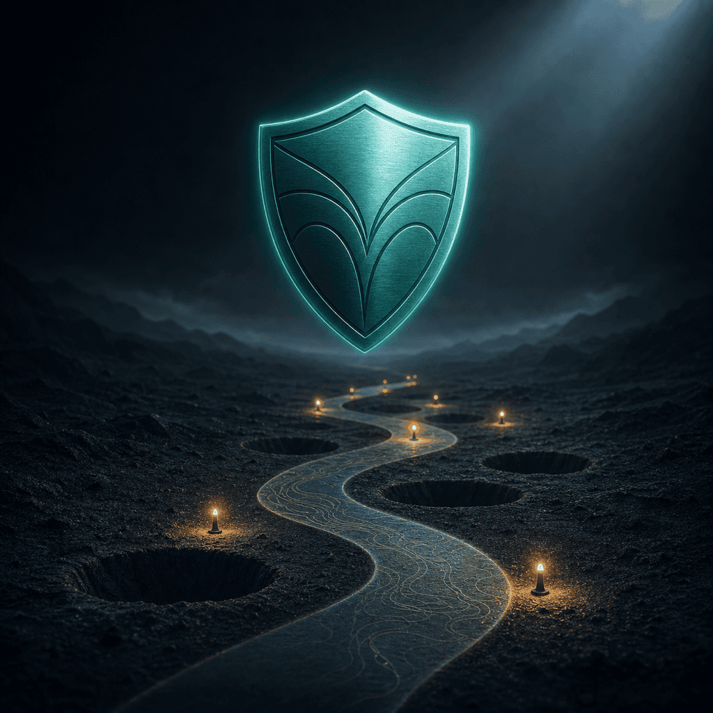 新手 7 个坑主题插图：teal 盾牌悬浮于陷阱凹坑路径之上，琥珀警示灯点缀