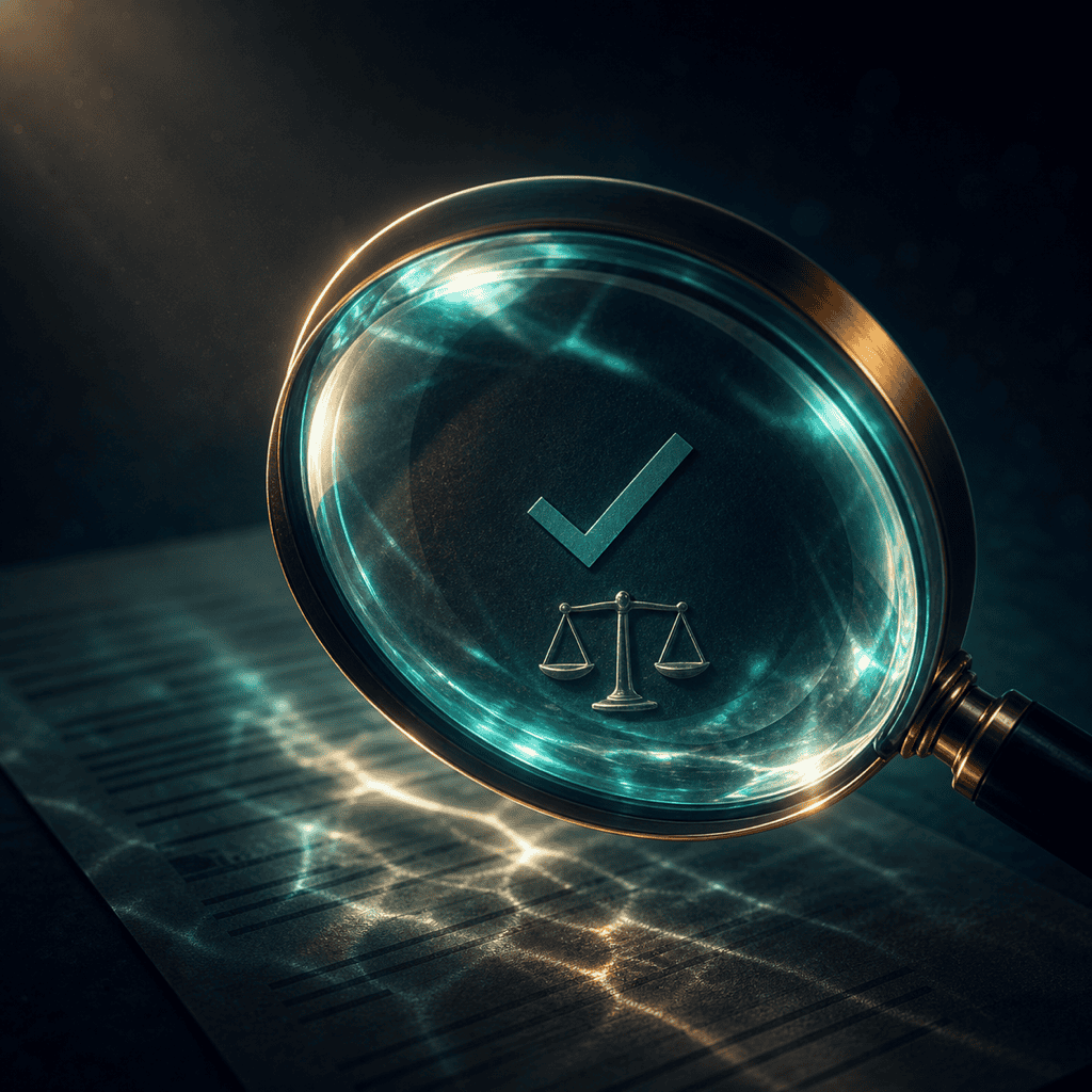 Binance 是否诈骗主题插图：放大镜审视印有 check 与天平的文件，cinematic teal 折射光